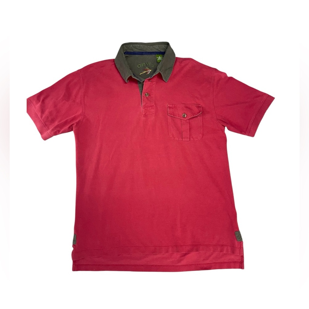 Vintage ORVIS Men’s M Red Polo Shirt w/ Green Collar 100%PIMACotton Short Slee
